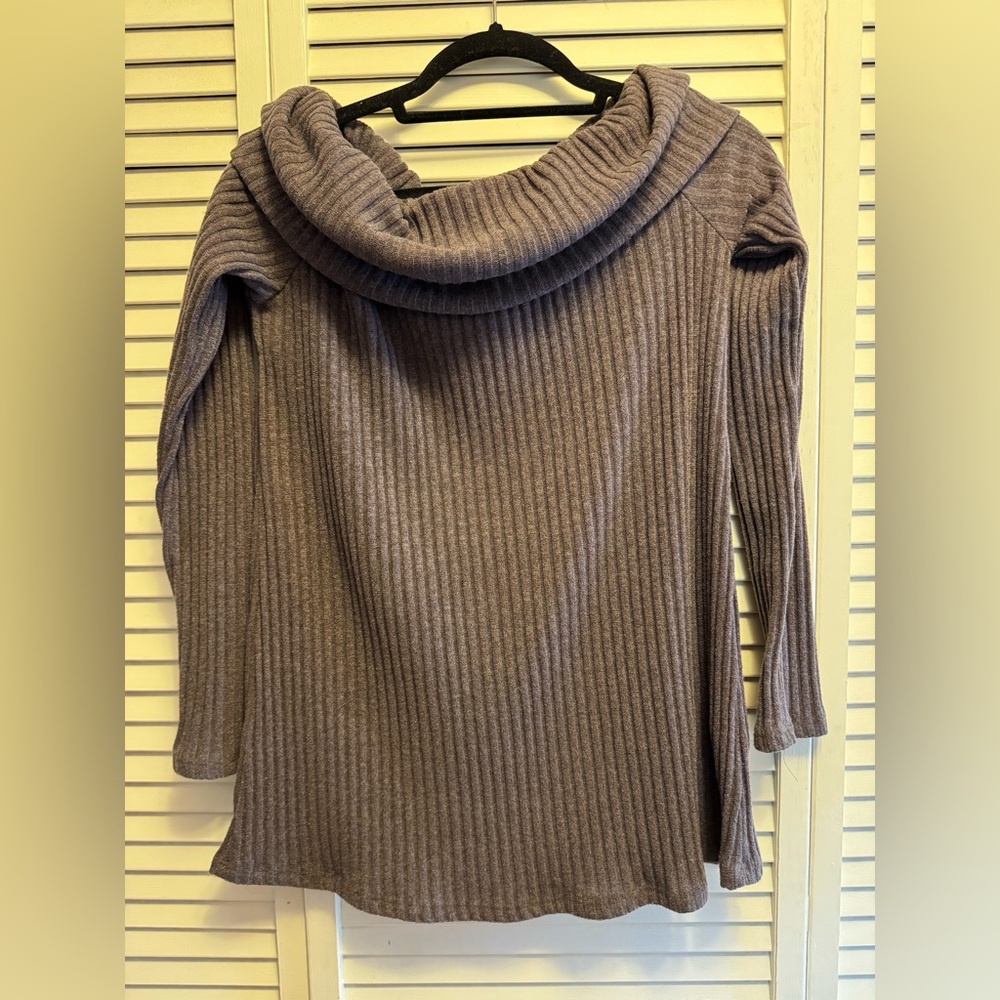 ETS Large Ribbed Cowl Neck Off-Shoulder Sweater Tunic - Taupe. PTP 16.5”